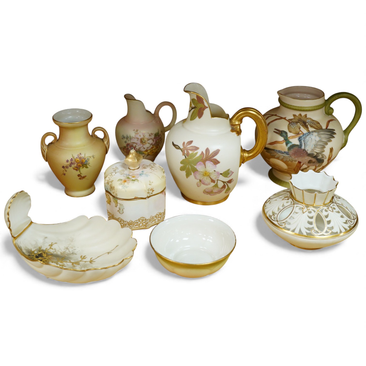 A collection of Worcester blush ivory and similar tableware to include jugs and a shell shaped dish, largest 15cm high